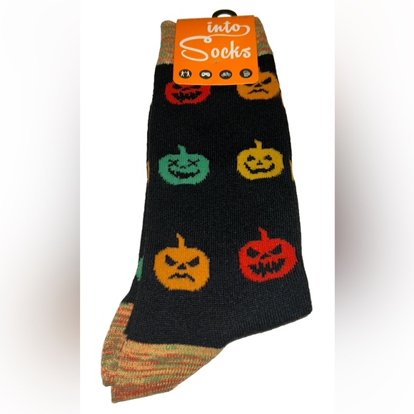 Into Socks Halloween Crew Socks 1 Pair Men's 7-12 Black Orange w Jack O'lantern - Picture 7 of 7